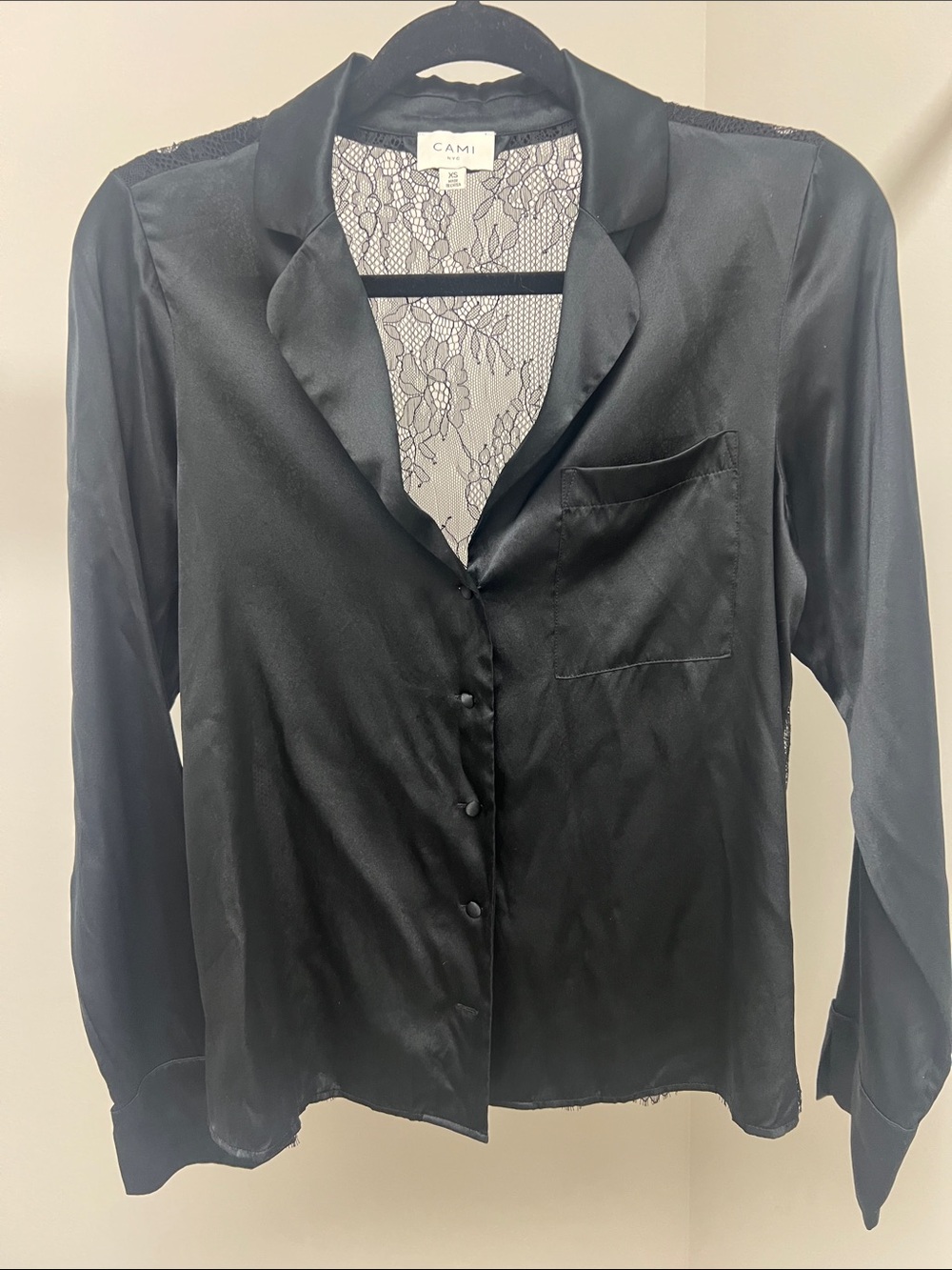 Cami NYC Black Satin Button-Front Blouse with Lace Back